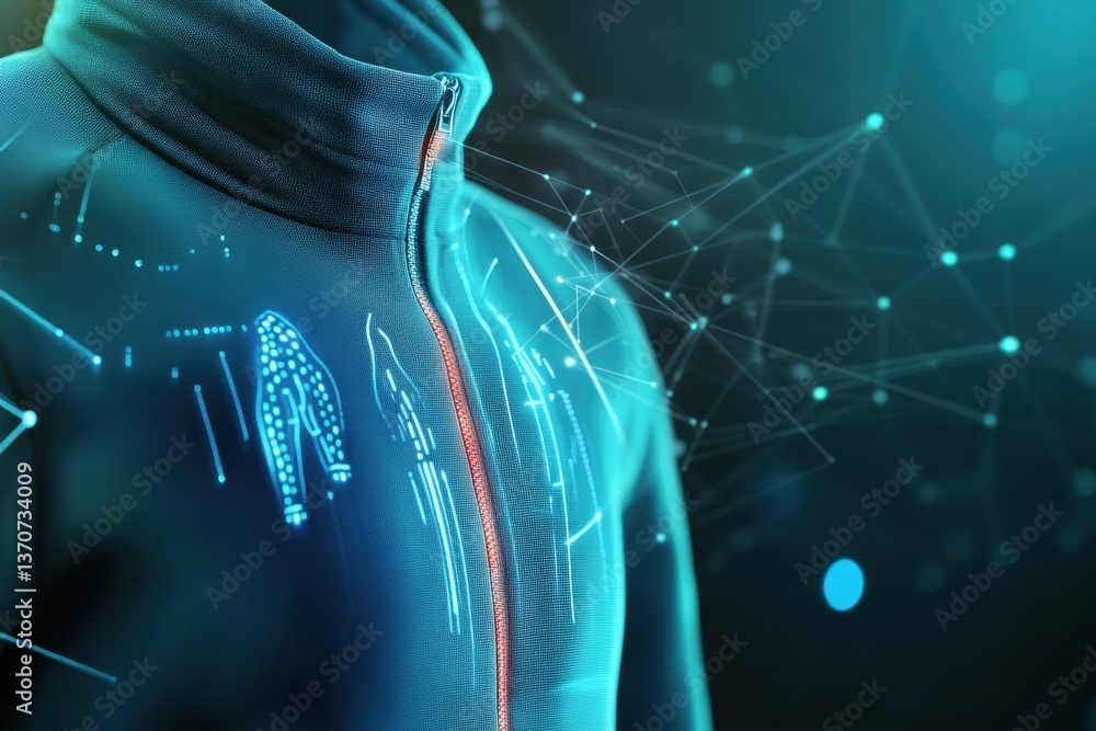 Poster innovative smart jacket displaying futuristic technology and design in a dark environment