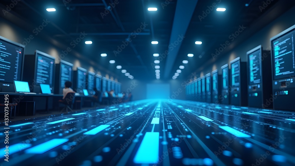 Poster futuristic data center with rows of servers, cybersecurity, cloud computing, and high-tech infrastru