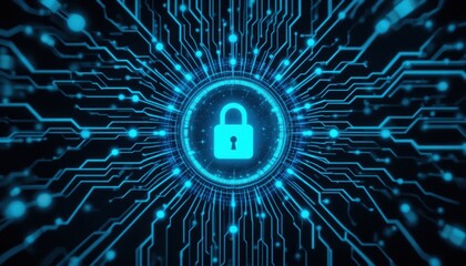 Futuristic Cyber Security Abstract Lock Graphic in Cyan and Blue