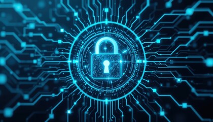 Futuristic Cyber Security Abstract Lock Graphic in Cyan and Blue