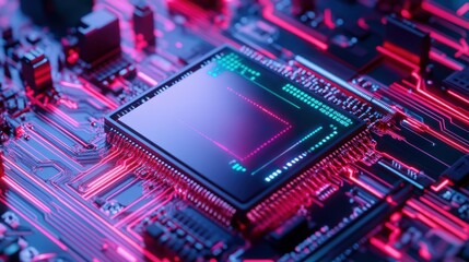 Fototapeta premium Close-up of a circuit board with vibrant neon and blue lighting, detailed.