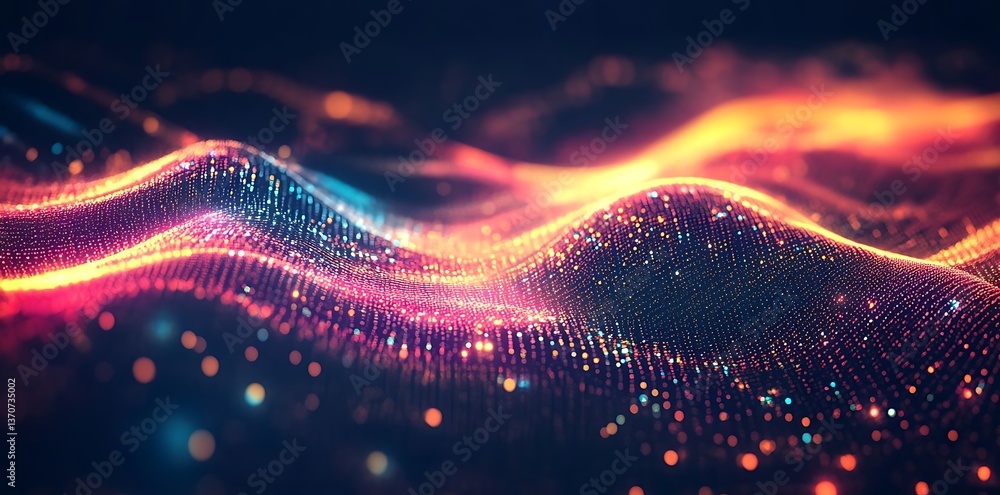 Poster abstract background featuring colorful, glowing light waves and connecting dots on a black backdrop,