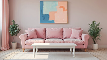 A serene blush pink living room, softly illuminated, featuring a plush velvet sofa and a calming abstract painting above a white coffee table, creating a peaceful and elegant atmosphere.