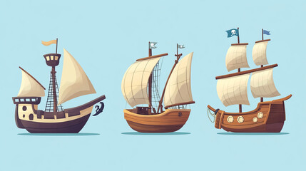 Sail and pirate boat with sails. Cartoon vector illustration set of vintage ships with wooden deck and masts. Cute medieval marine transport corsair and galleon for sea adventure game ui design.