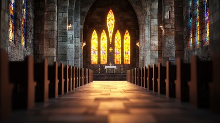 Obraz premium Ethereal church interior with softly blurred stained glass windows and warm, glowing light.