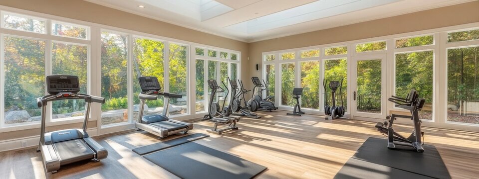 Modern home gym with large windows and natural light in serene outdoor setting for fitness enthusiasts