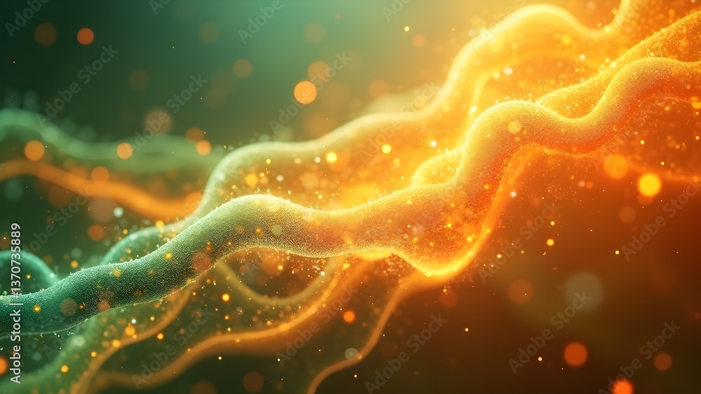 Poster abstract science: glowing molecular strands with vibrant depth of field