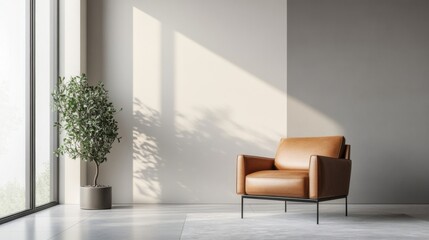 Modern interior design featuring a stylish leather chair and indoor plant in a minimalist space with natural light