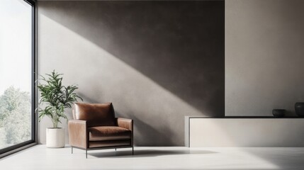 Fototapeta premium Minimalist interior featuring a brown leather chair and a sunny window in a modern space