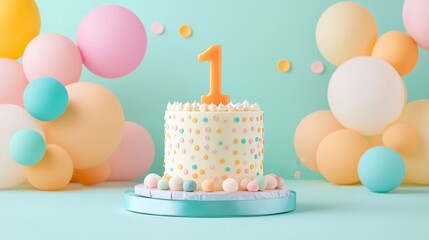 Festive first birthday setup with a bright number 1 candle on a cake, cheerful decorations, and a celebratory atmosphere.