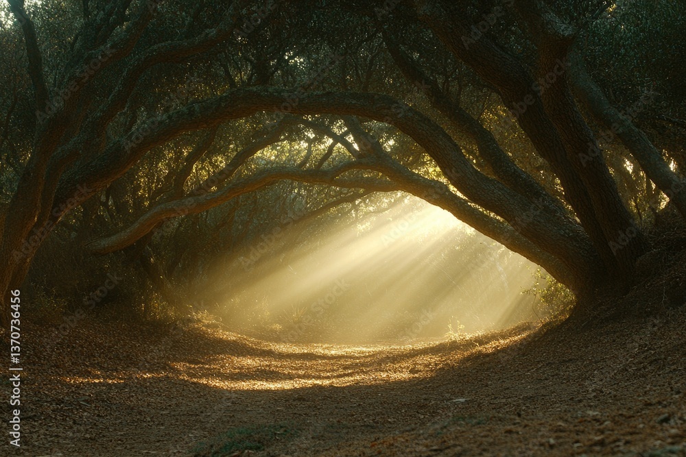 Poster sunlight shines through trees, casting shadows on ground, creating a magical, enchanting nature scen