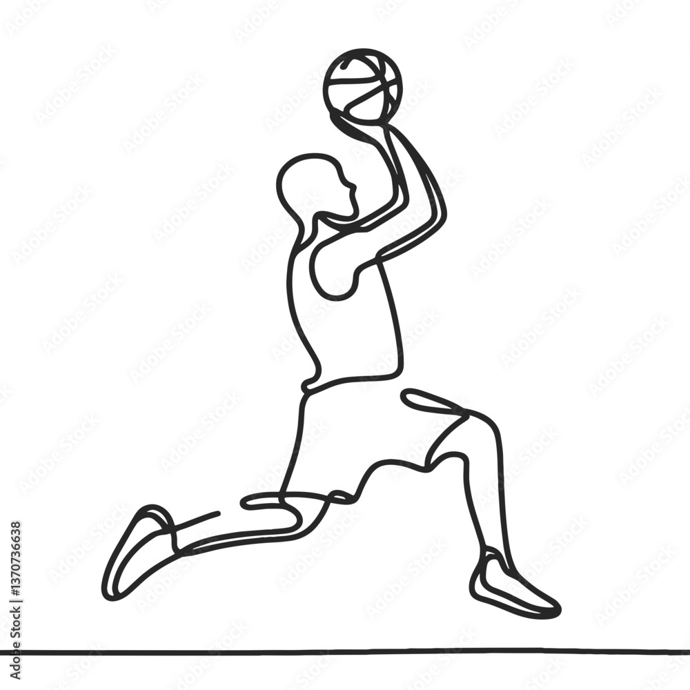 Poster basketball player executing a slam dunk in line drawing style