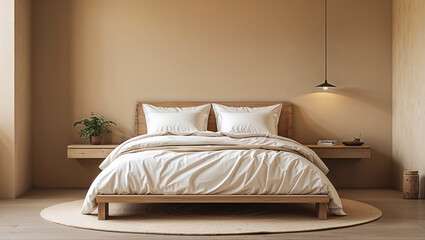 A serene minimalist bedroom, inviting peaceful slumber with a light beige palette and soft natural light illuminating the calming wooden bed and crisp white linens.