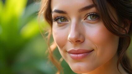 Fototapeta premium Close-up portrait of an attractive young woman with green eyes and wavy hair smiling outdoors in nature