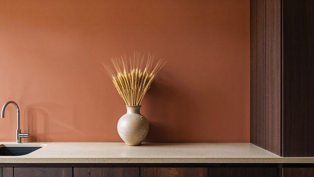 Earthy elegance: dried wheat in a rustic vase against a terracotta wall, minimalist kitchen design.