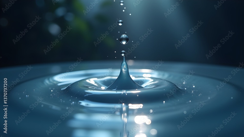 Poster abstract water drop collision creates ripples on the water surface in a macro close-up shot.
