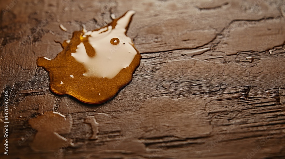 Poster amber liquid spill on dark brown textured surface. close-up view of a viscous substance creating an 