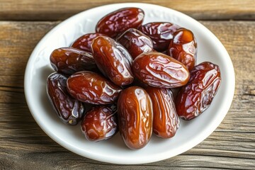 Fresh dates arranged neatly in a white bowl placed on a rustic wooden table during daylight hours