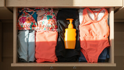 Colorful swimwear organized in a drawer with sunscreen  