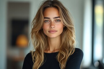 Fototapeta premium Young woman with long hair and natural makeup posing indoors in a modern setting during daylight