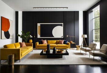 A living room with black walls and orange furniture.