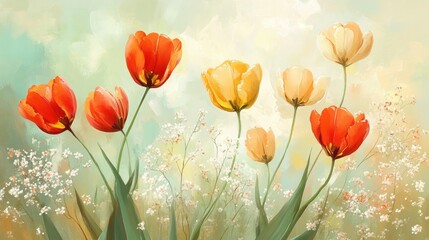Obraz premium Bright and Colorful Tulips in a Soft Abstract Floral Background