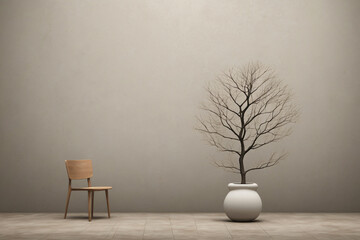 A wooden chair and a dried tree in a white pot, creating a calm and reflective atmosphere.