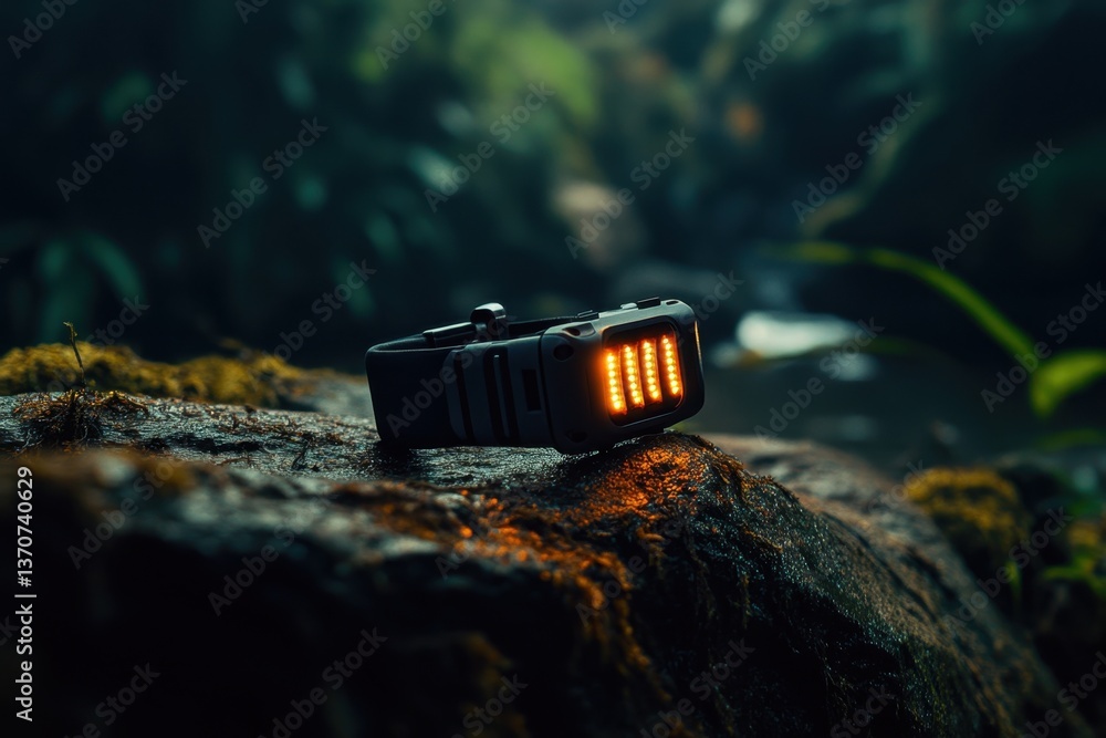 Poster light device resting on a mossy rock by a tranquil stream in a lush forest setting