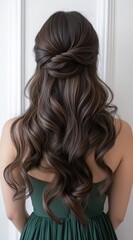 Obraz premium Elegant hairstyle featuring loose curls and a braided bun at a beauty salon during daylight