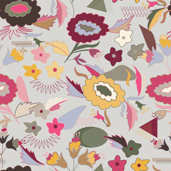 Hand drawn summer floral background. Botanical seamless pattern made of abstract flowers. Sketch drawing. Vintage style. Good for bedding, textile