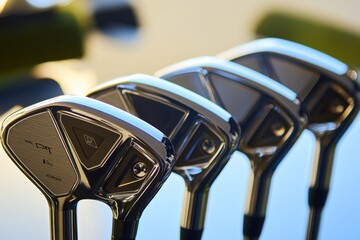 Golf clubs lined up on display showcasing shiny metal heads and sleek design features