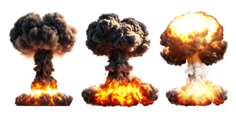  set of nuclear explosions and mushroom cloud isolated on white background PNG. GENERATIVE AI