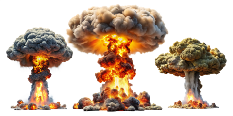  set of nuclear explosions and mushroom cloud isolated on white background PNG. GENERATIVE AI