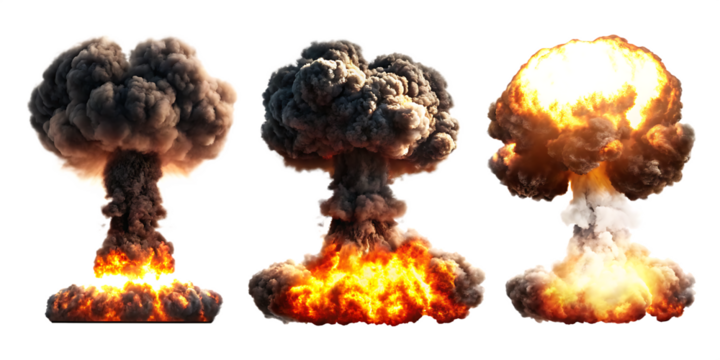  set of nuclear explosions and mushroom cloud isolated on white background PNG. GENERATIVE AI