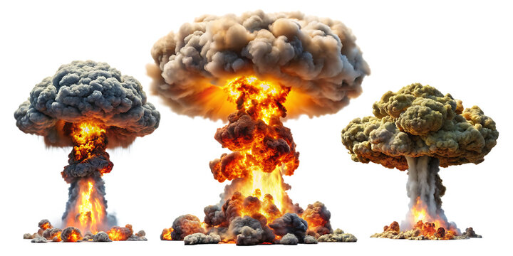  set of nuclear explosions and mushroom cloud isolated on white background PNG. GENERATIVE AI - Powered by Adobe