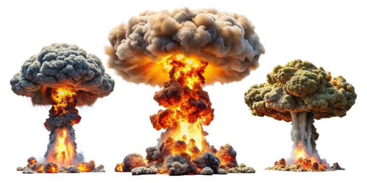  set of nuclear explosions and mushroom cloud isolated on white background PNG. GENERATIVE AI