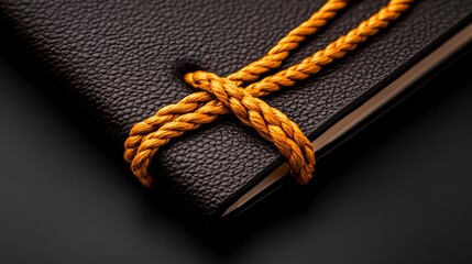 Close-up of a dark-brown leather journal secured with an orange rope.  A textured, elegant detail.