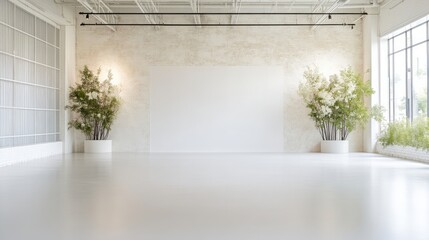 Empty, bright, modern event space with plants