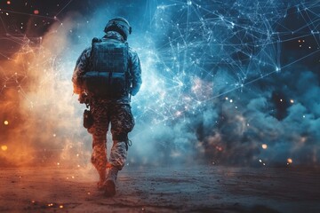 Soldier walks through a digital landscape with vibrant colors and abstract patterns