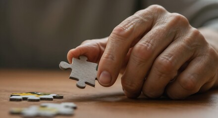 Hand completing puzzle piece on wooden table  