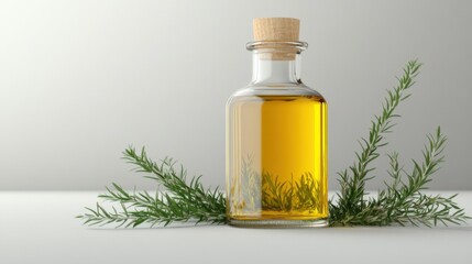 Olive oil in a glass bottle with fresh herbs arranged on a white surface