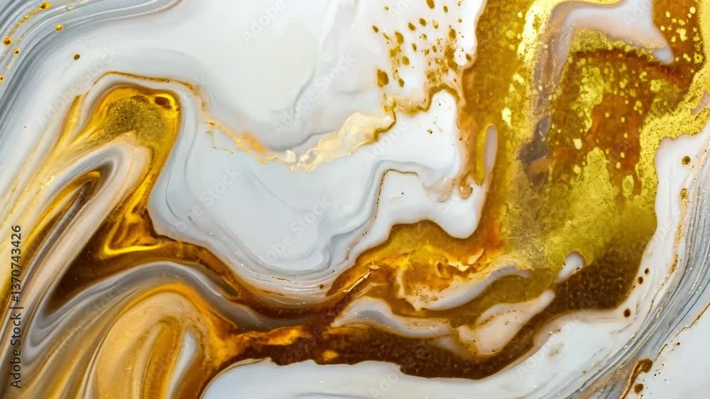 Poster abstract fluid art background featuring swirling white and gold marble textures with glossy finish a