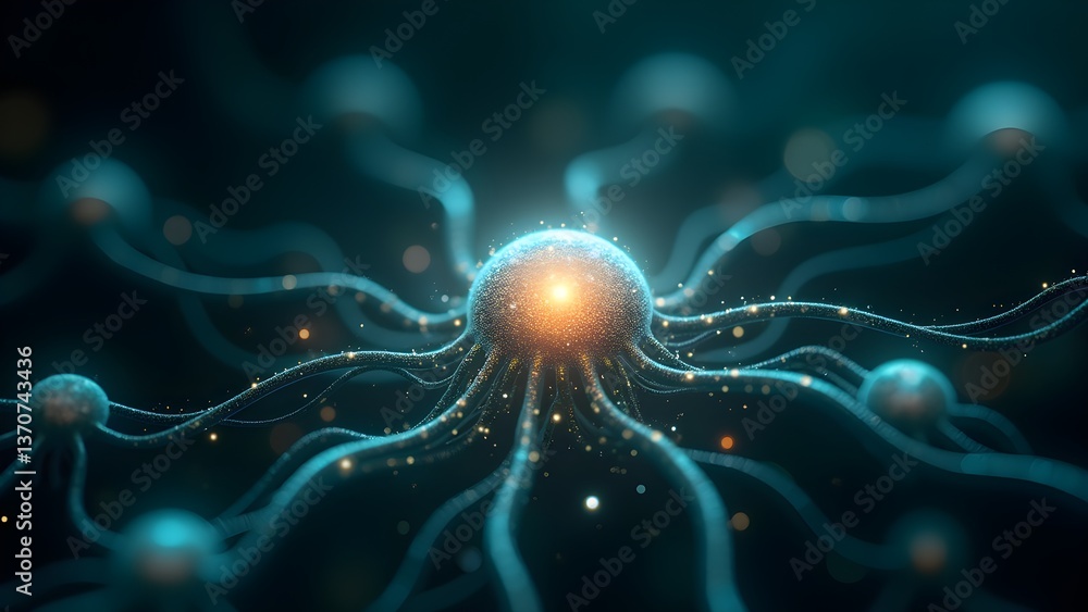 Poster abstract neural network: interconnected neurons with glowing center and tentacles