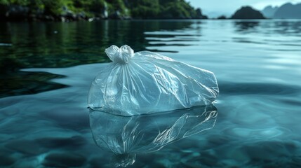 A plastic bag floats on clear water, highlighting natural beauty and pollution challenges