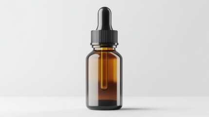 Fototapeta premium Brown glass dropper bottle filled with liquid on a minimalistic white background for skincare or wellness products