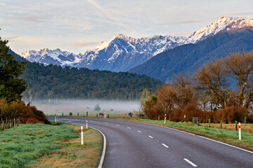 New Zealand. The countryside driving on the State Highway 6 at sunrise. West Coast. South Island