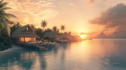 Fototapeta premium Sunset Paradise: Tropical Getaway in Overwater Bungalows