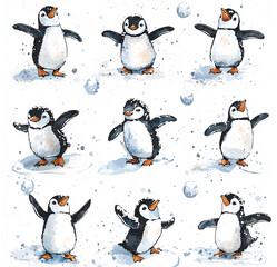 Fototapeta premium Cute baby penguins, watercolor illustration. Winter card. Character design