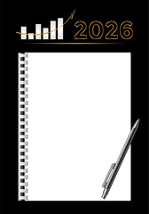 2026 New Year concept with empty notebook for your goals, plans, resolutions. Flat lay style. Christmas planning concept with space for text.