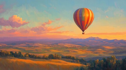 Fototapeta premium Sunset Hot Air Balloon Ride Over Rolling Hills